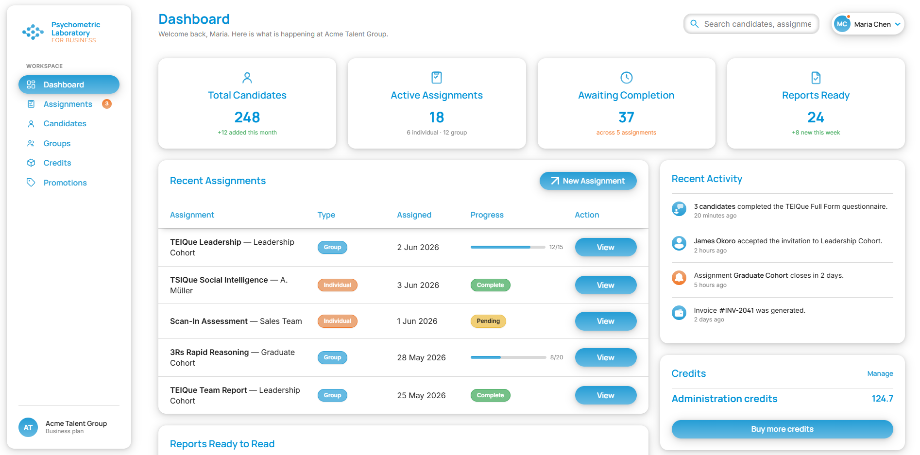 Business account dashboard